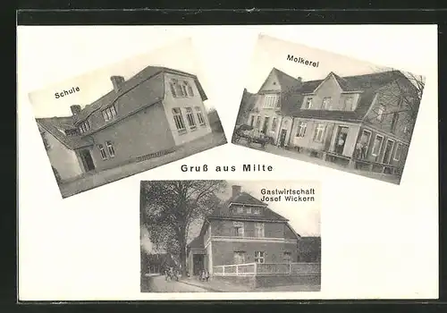 AK Milte, Gasthaus von Josef Wickern, Schule, Molkerei
