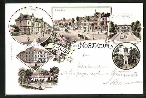 Lithographie Northeim, Hotel Sonne, Bahnhof, Post