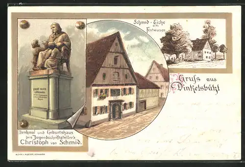 Lithographie Dinkelsbühl, Denkmal und Geburtshaus des Jugendschriftstellers Christoph von Schmid, Schmid-Eiche