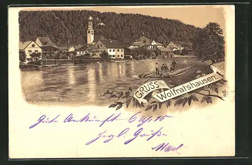 Lithographie Wolfratshausen, Teilansicht, Flösserei