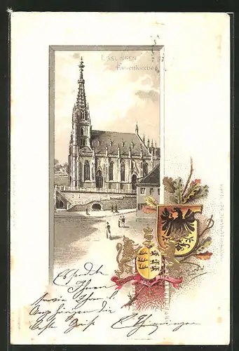 Passepartout-Lithographie Esslingen, Blick zur Frauenkirche, Wappen