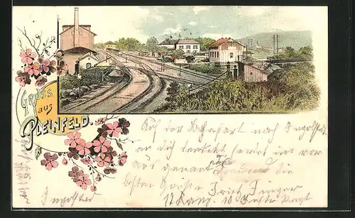 Lithographie Pleinfeld, Ortspartie mit Bahnhof