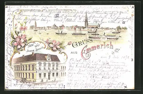 Lithographie Emmerich, Ortsansicht von der Rheinseite, Hotel Wwe Jakob Zensen