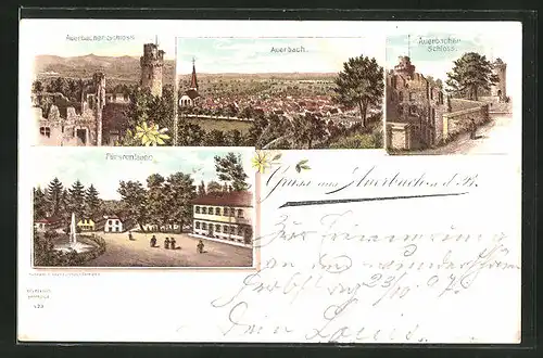 Lithographie Auerbach a. d. B., Ortsansicht, Auerbacher Schloss, Fürstenlager