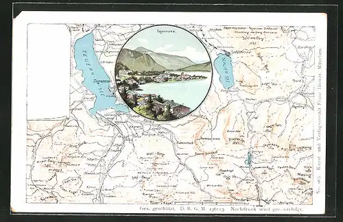 Lithographie Tegernsee, Teilansicht, Landkartel