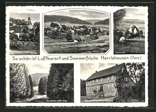 AK Harriehausen /Harz, Pensionshaus Albert Karges, Ehrenmal, Kirche, Ortsansicht