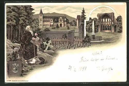 Lithographie Heisterbach, Ortspartie mit Kirche, Mönch betend an einem Grab