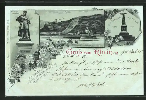Lithographie Caub, Teilansicht, Blücherdenkmal, Denkmal zur Erinnerung a. d. Feldzug 1870-1871
