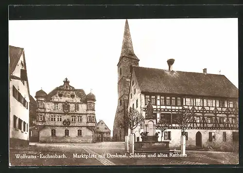AK Wolframs-Eschenbach, Marktplatz mit Denkmal, Schloss und altem Rathaus