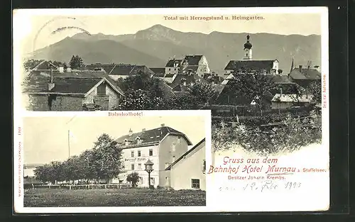 Mondschein-AK Murnau / Staffelsee, Bahnhofhotel und Totalansicht mit Herzogstand und Heimgarten
