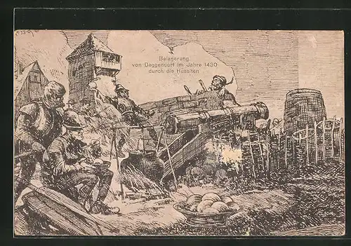 Künstler-AK Deggendorf, Belagerung durch die Hussiten im Jahre 1430, die Deggendorfer Knödel