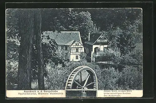 AK Auerbach / Bergstrasse, Gasthaus Wiemers Waldmühle mit Wasserrad