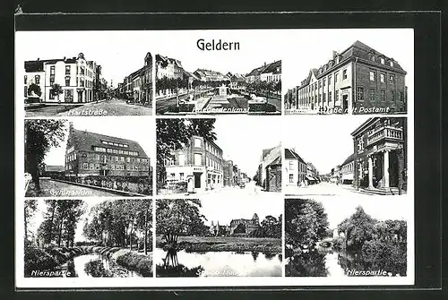 AK Geldern, Hartstrasse, Bahnhofstrasse mit Postamt, Issumerstrasse und Schloss Haag