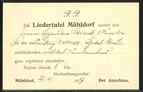 AK Mühldorf / Inn, Einladung der Liedertafel Mühldorf 1907