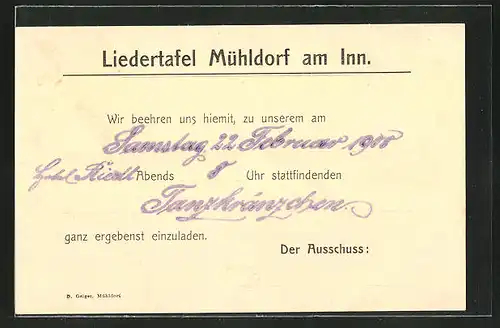 AK Mühldorf am Inn, Einladung der Liedertafel Mühldorf am Inn