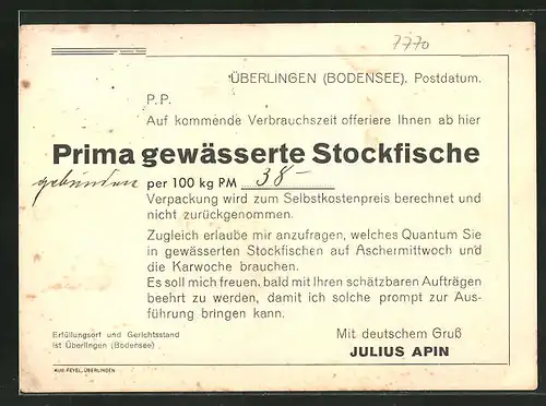AK Überlingen / Bodensee, Firma Julius Apin, prima gewässerte Stockfische