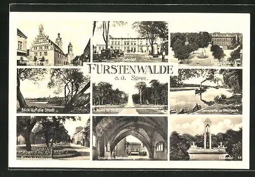 AK Fürstenwalde / Spree, Rathaus und Domkirche, Denkmalsplatz, Parkansichten, Rathausbogen