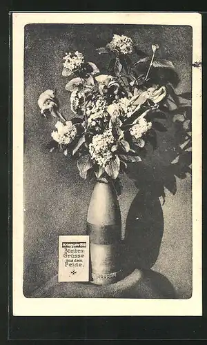 AK Kriegsjahr 1916, Bombengrüsse aus dem Felde, Blumenstrauss in Projektil-Vase