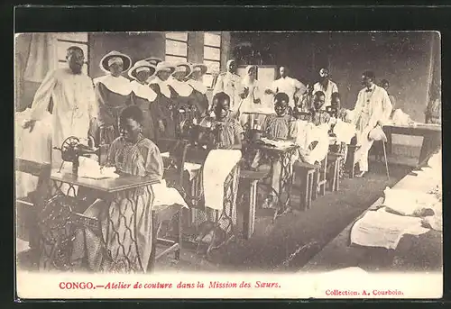 AK Congo, Atelier de couturedans la Mission des Soeurs, Afrikanerinnen mit Nähmaschine