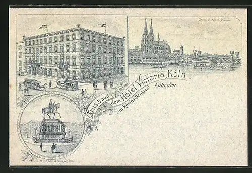 Lithographie Köln, Hotel Victoria, Dom u. feste Brücke, Denkmal Friedrich Wilhelm III
