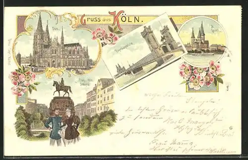 Lithographie Köln, Eisenbahnbrücke, Friedrich-Wilhelm-Denkmal, Dom