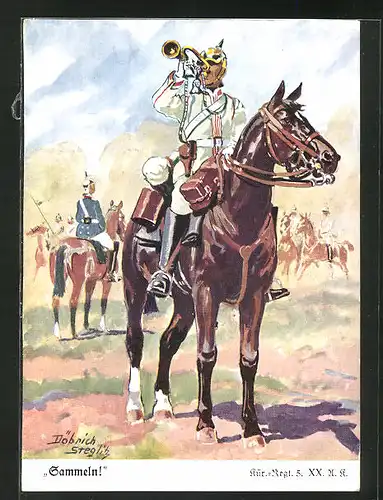 Künstler-AK Döbrich-Steglitz: Soldat in Uniform mit Trompete auf seinem Pferd