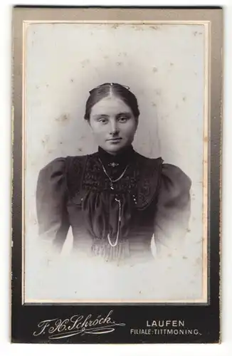 Fotografie F. H. Schröck, Laufen, Portrait Frau mit zurückgebundenem Haar mit Halskette in festlichem Kleid