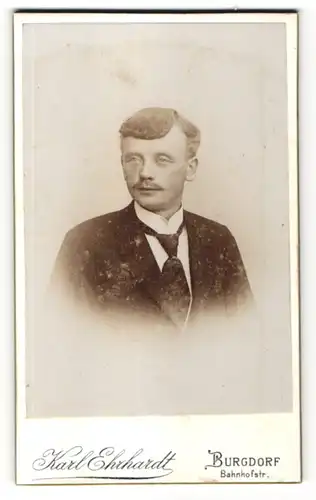 Fotografie Karl Ehrhardt, Burgdorf, Portrait Mann mit Oberlippenbart und Krawatte im Anzug