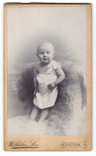 Fotografie Wilhelm Lau, Hartha i / S., Portrait Kleinkind im weissen Hemd auf einem Fell