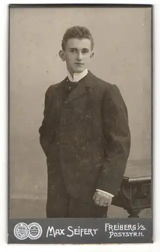 Fotografie Max Seifert, Freiberg i. S., Portrait charmanter junger Mann im Nadelstreifenanzug
