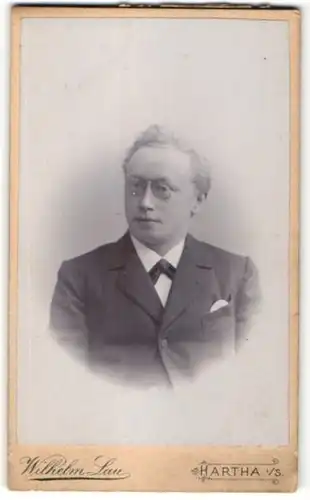 Fotografie Wilhelm Lau, Hartha i / S., Portrait Mann mit Zwicker und Fliege im Anzug