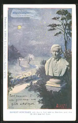 Künstler-AK Philipp + Kramer Nr. XXVII /4: Büste des Komponisten Robert Schumann, mondbeschienene Landschaft