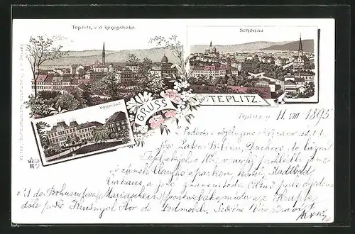 Vorläufer-Lithographie Teplitz Schönau / Teplice, 1895, Kaiserbad, Teplitz von der Königshöhe