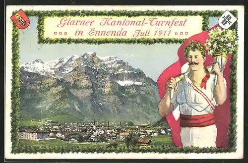 AK Ennenda, Glarner Kantonal-Turnfest 1911, Panorama mit Gebirge, Turner mit Fahne und Horn