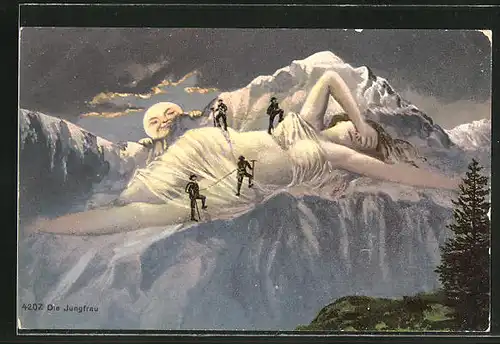 AK Die Jungfrau, schlafende Riesin und Bergsteiger, Vollmond, Berg mit Gesicht / Berggesicht, Berggesichter