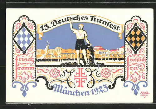Künstler-AK Siegmund von Suchodolski: 13. Deutsches Turnfest München 1923, Athlet mit Siegerkranz