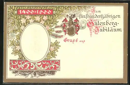 Prägelithographie-AK Zum fünfhundertjährigen Gutenberg-Jubiläum, Portrait Gutenberg, 1400-1900