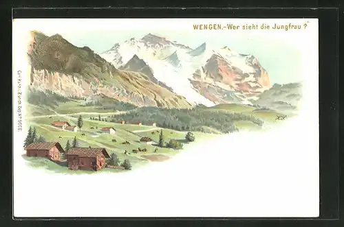 Lithographie Künzli Nr. 5006: Wengen, "Wer sieht die Jungfrau?", Berg mit Gesicht / Berggesichter