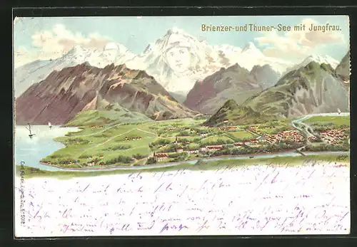 Lithographie Künzli Nr. 5018: Brienzer und Thuner See mit Jungfrau, Berg mit Gesicht / Berggesichter