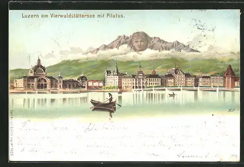 Lithographie Künzli Nr. 5023: Luzern, Teilansicht mit Pilatus, Berg mit Gesicht / Berggesichter