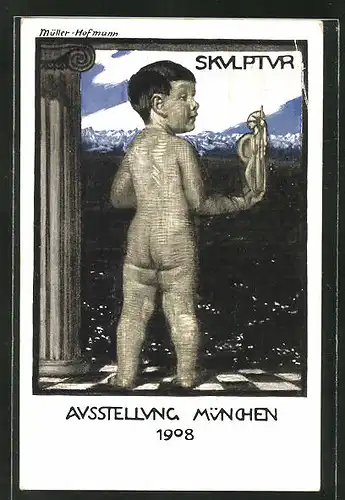 Künstler-AK Ganzsache Bayern, Ausstellung München 1908, nackter Knabe mit Skulpur auf den Ort blickend