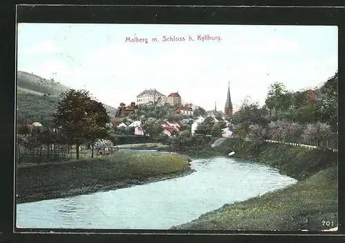 AK Malberg, Ortsansicht mit Fluss und Schlossblick