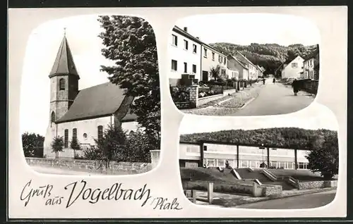 AK Vogelbach / Pfalz, Ortspartien mit Kirche und Gebäudeansicht