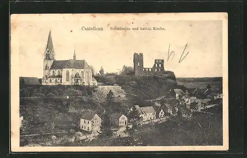 AK Castellaun, Schlossruine und kathol. Kirche