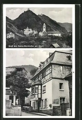 AK Kamp-Bornhofen a. Rh., Gasthaus Burg Sternberg, Teilansicht mit Kirche