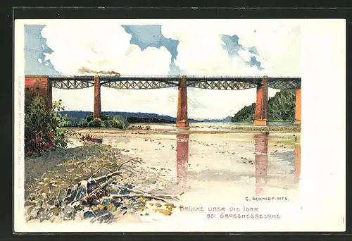 Lithographie Grosshesselohe, Brücke über die Isar