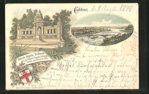 Lithographie Coblenz, Teilansicht mit Brücke, Kaiserin Augusta-Denkmal in den Kaiserin Augusta-Anlagen