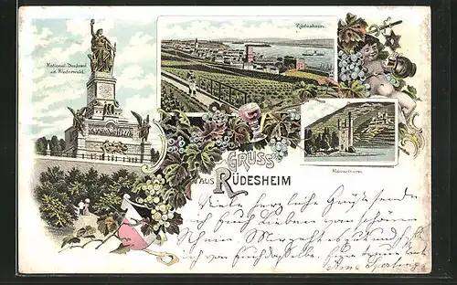 Lithographie Rüdesheim, National-Denkmal auf dem Niederwald, Ortsansicht, Mäusethurm
