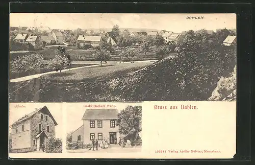 AK Dahlen, Ortsansicht aus der Vogelschau, Blick auf die Schule und Gasthaus Wirth