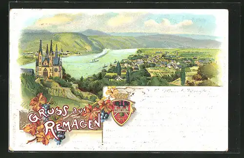 Lithographie Remagen / Rhein, Ortsansicht aus der Vogelschau, Dampfer auf dem Rhein, Wappen